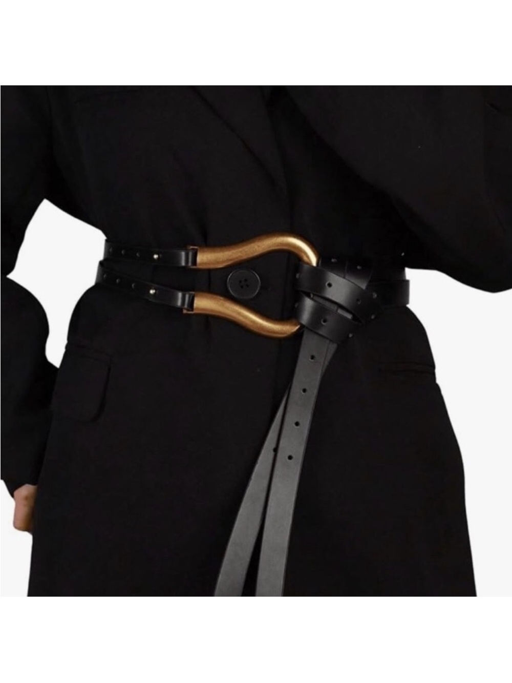 Double Strap Black Leather Waist Belt with Gold Horseshoe Accent